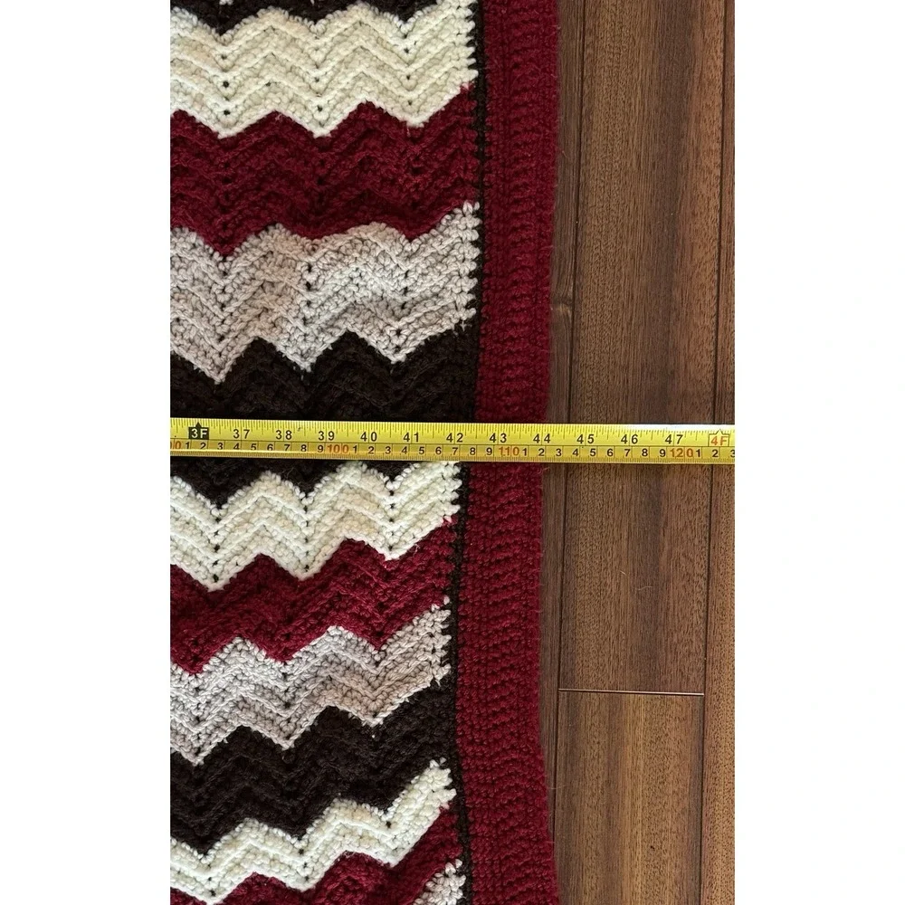 Vintage Handmade Crochet Afghan Chevron Ripple Throw Blanket 72x44 Burgundy